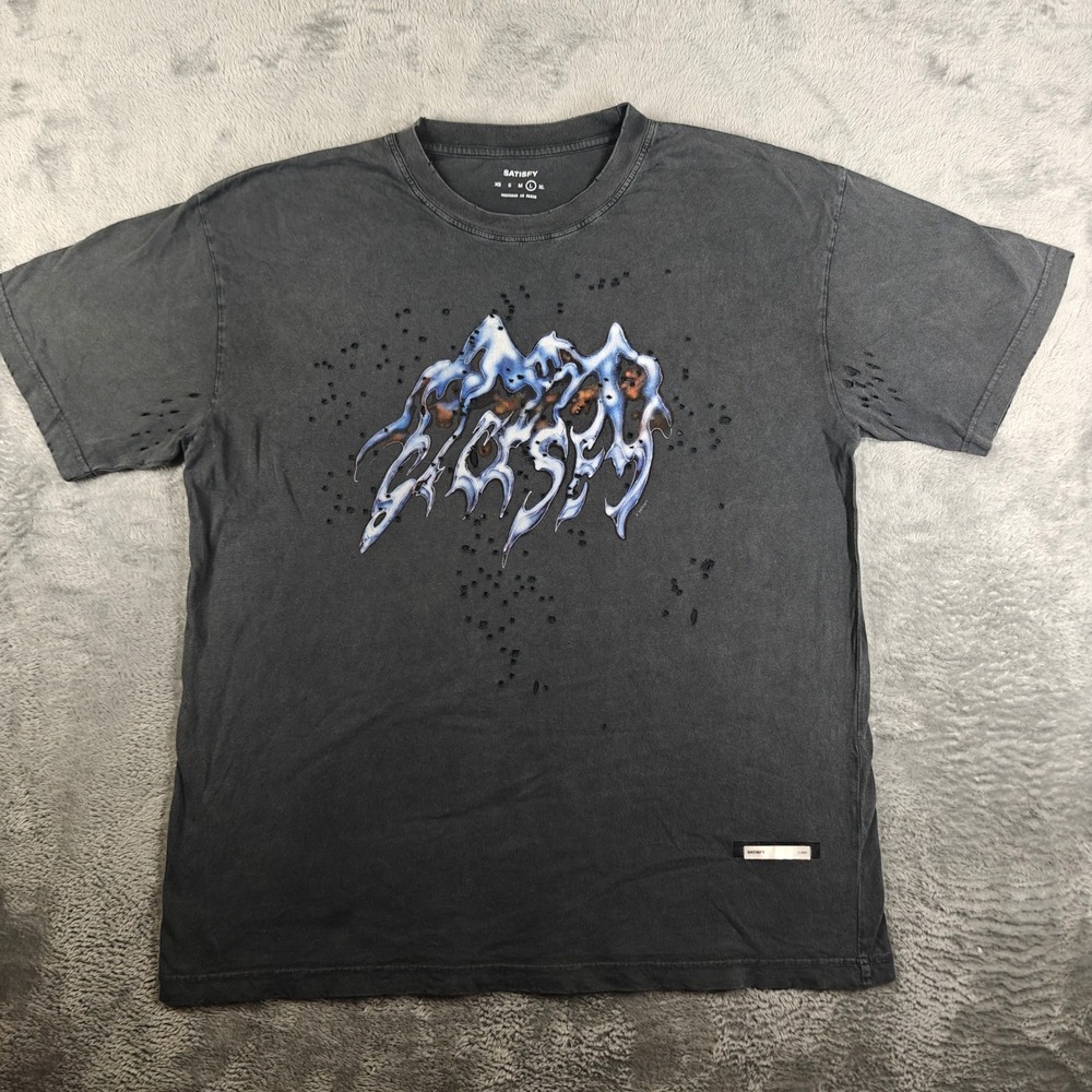 Rare Satisfy MothTech Trail Master T-Shirt Mens L Black Distressed Running Tee